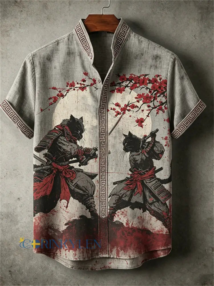 Mäns svart katt samurai Blodig Duel Japanese Art Print skjorta - ljusgråt / S