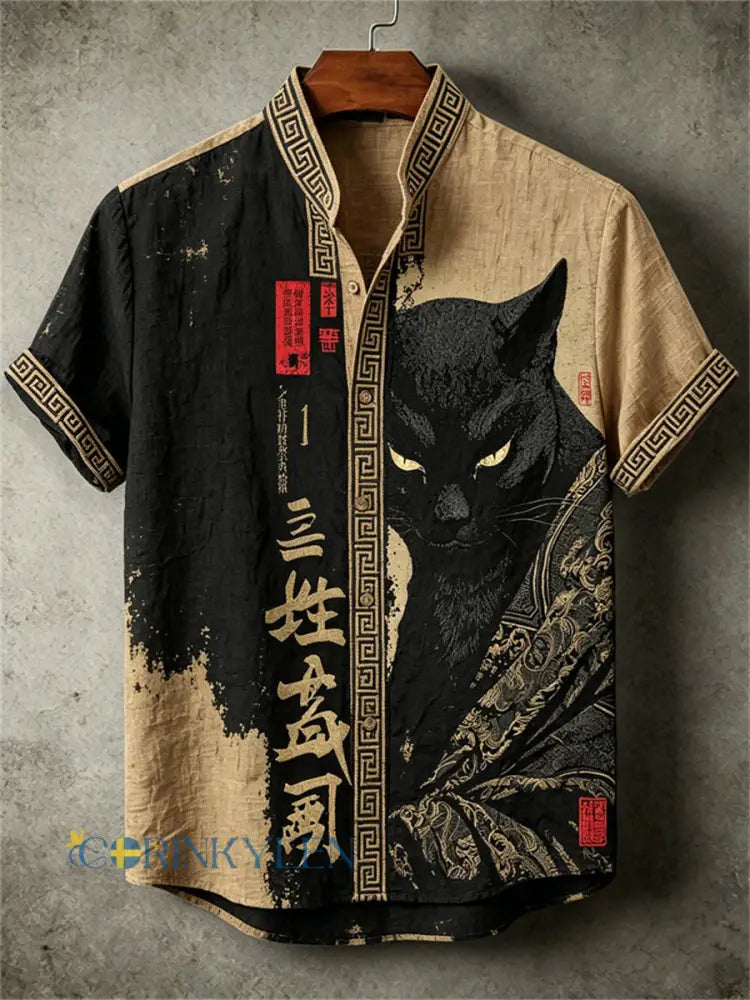 Mäns svart katt Samurai Kalligrafi Kontrast bläck Konst Print skjorta - bäie / S