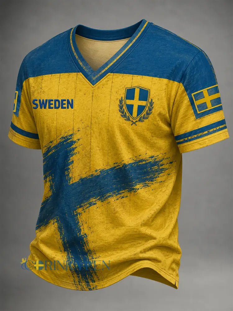 Mäns svensk fotboll V-hals T-shirt - som bild / S