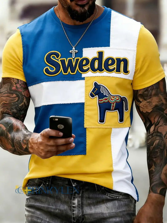 Mäns svenska Dala Hästtema Konst Print T-shirt - A / S