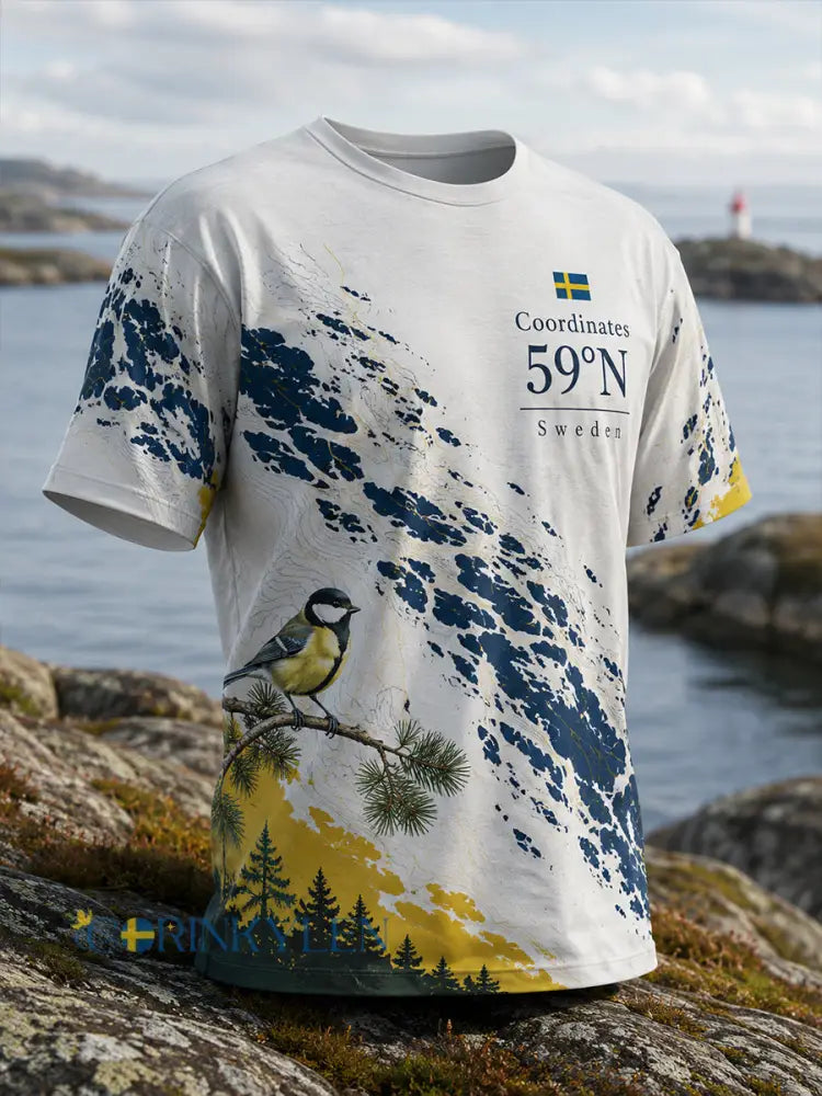 Mäns svenska fågel och naturliga element Konst Skriv ut T-shirt - A / S