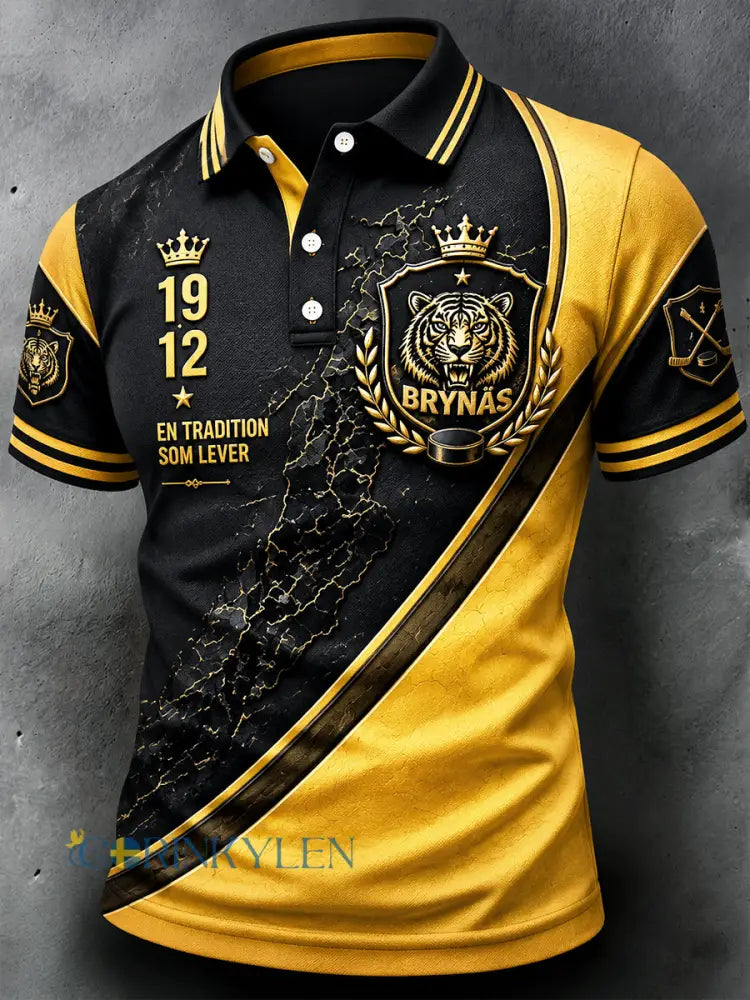 Mäns svenska hockey Brynäs IF Patchwork Print Casual Polo tröj - svart / S