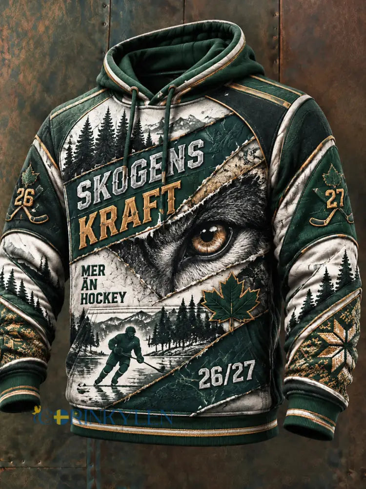 Mäns svenska Ishockey IF Björklöven Patchwork Skriv ut Casual Hooded Sweatshirt - grönt / S