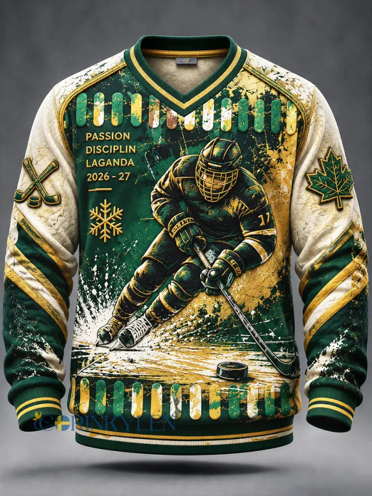 Mäns svenska Ishockey IF Björklöven Patchwork Skriv ut Casual V-neck Sweatshirt - grönt / S