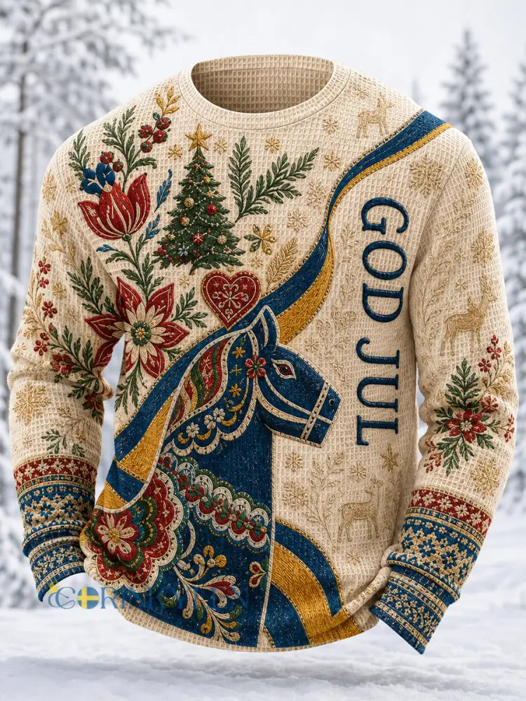 Mäns svenska jul tryckt våffle långärmad rund hals Sweatshirt - bäie / S