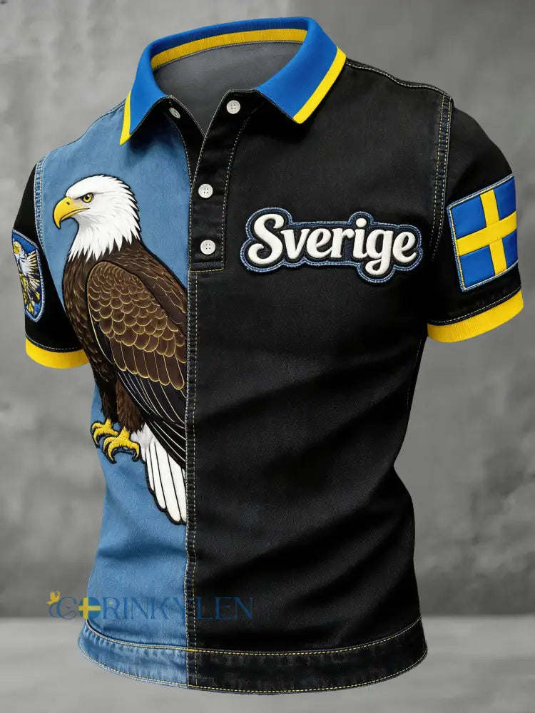 Mäns svenska konst Print Polo tröja med nationell flagg lappverk och färgschem - A / S