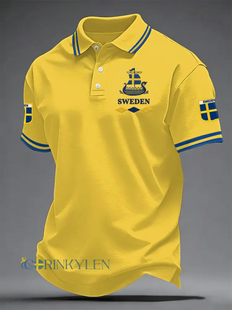 Mäns svenska Print Casual Topp - gul / S
