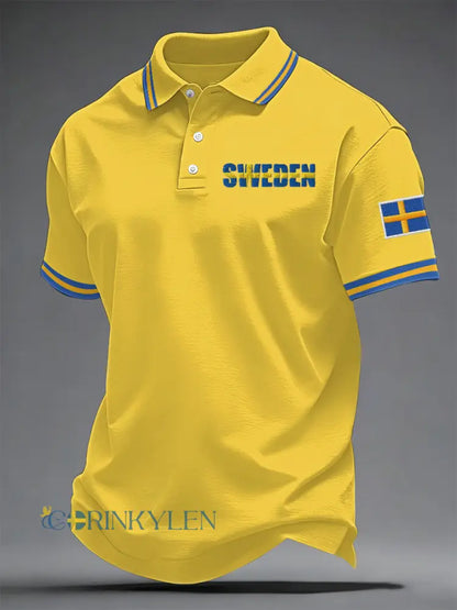 Mäns svenska Print Casual Topp - gul / S