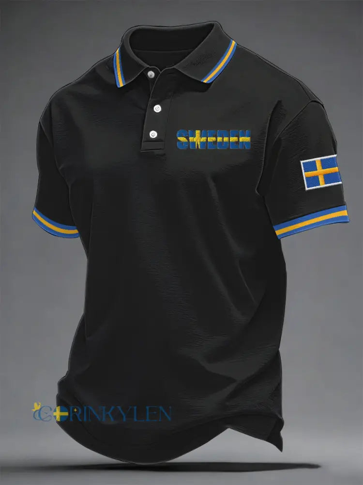 Mäns svenska Print Casual Topp - svart / S