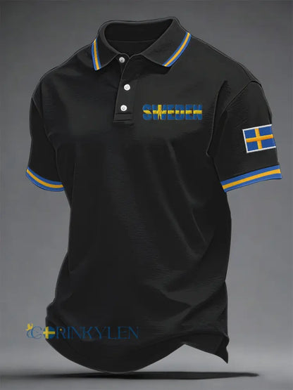 Mäns svenska Print Casual Topp - svart / S