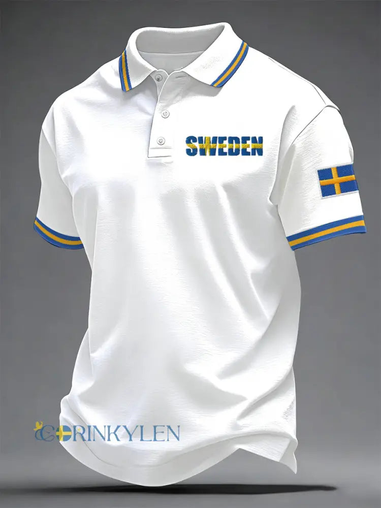 Mäns svenska Print Casual Topp - vit / S