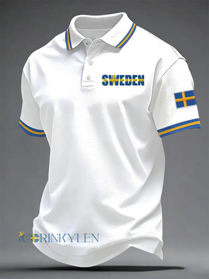 Mäns svenska Print Casual Topp - vit / S