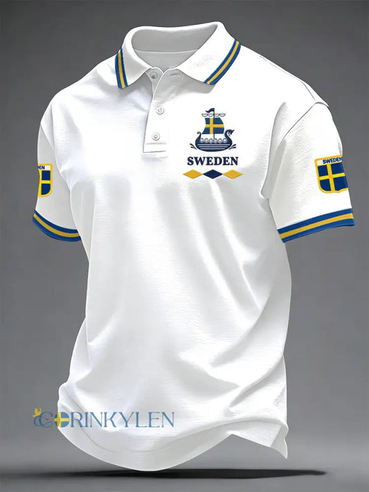 Mäns svenska Print Casual Topp - vit / S