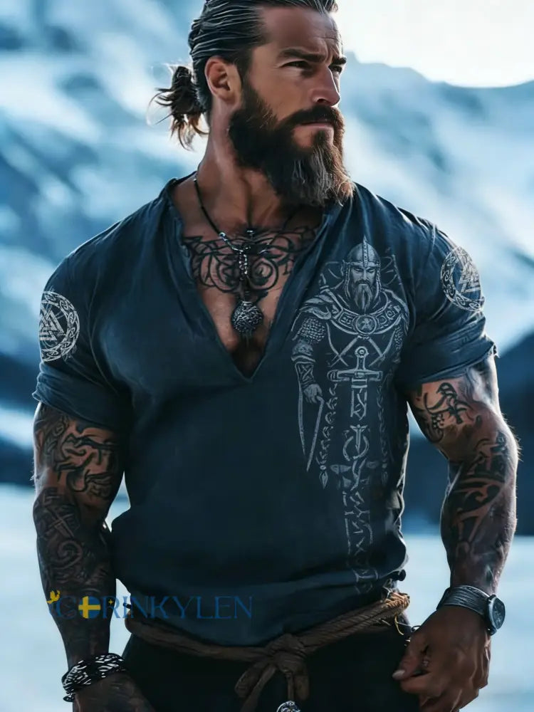 Mäns svenska Viking-tema Print V-Hack T-shirt - A / S