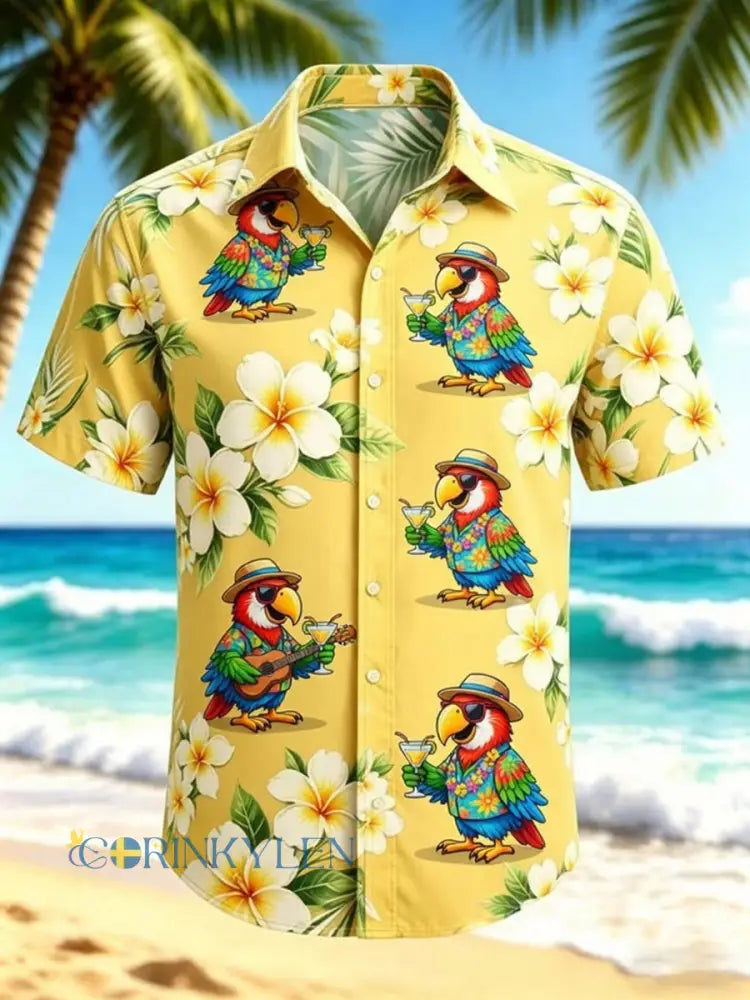 Mäns tropiska botaniska papegoja Print Casual Short Slemmar skjjorta - gul / S