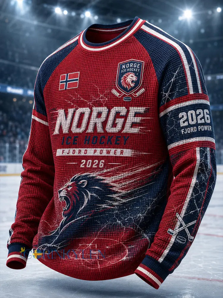 Mäns våffle-knit långärm Raglan T-shirt med ishockey-tema Print - A / S