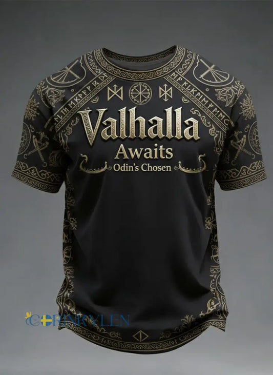 Mäns Valhalla väntar Viking tryckt T-shirt - svart / S
