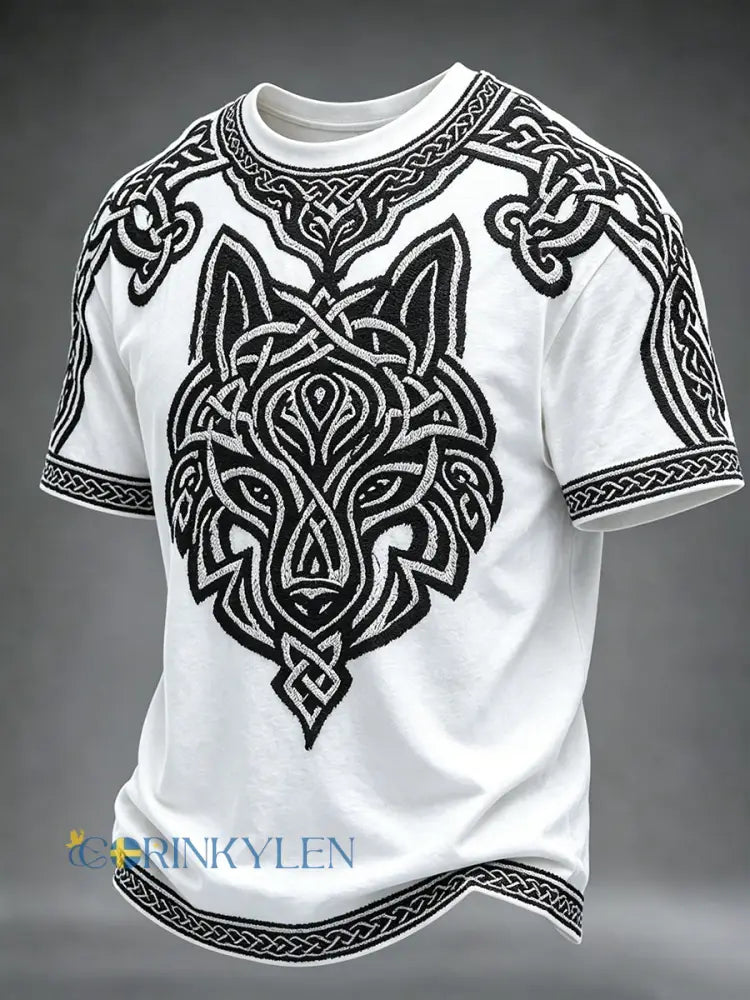 Mäns Viking Celtic Varg konst Print rund hals korta ärmar och korta ärmare - vitt / S