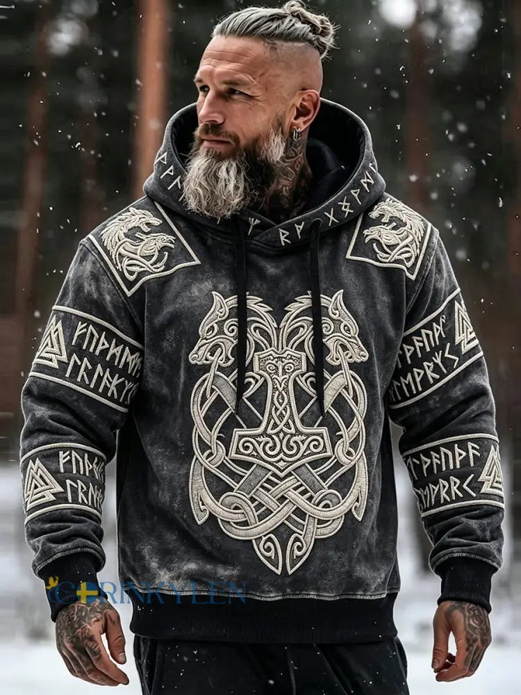 Mäns viking inspirerad keltiska tryck överdimensionerad Hoodie. - svart / S