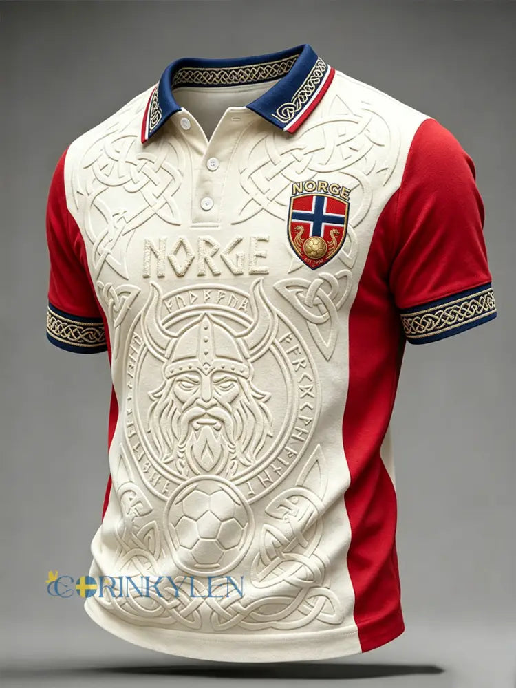 Mäns Viking inspirerat mönster Norsk fotboll Tryck Polo tröj - kränk-vitt / S