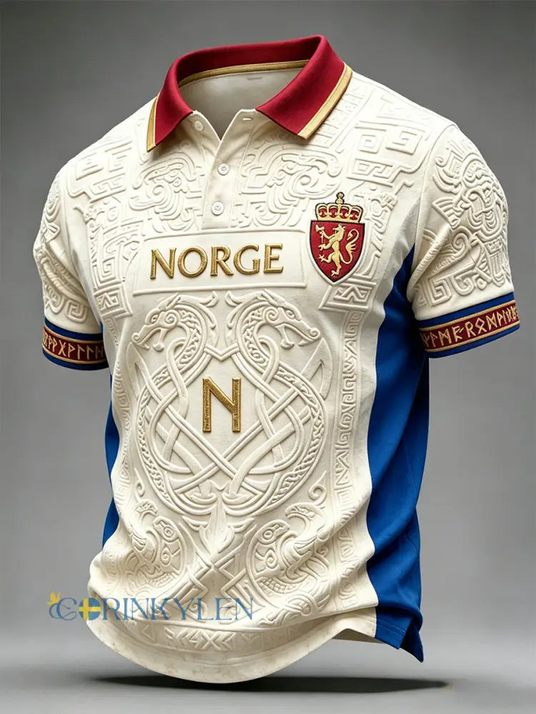Mäns Viking Inspirerat mönster Skriv ut Norge Fotboll Fan Polo tröja - kränk-vitt / S