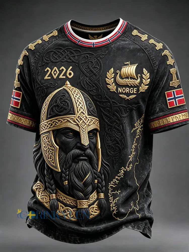Mäns Viking Inspirerat mönster Skriv ut Norge Fotboll fläkt Short Slem T-shirt - svart / S