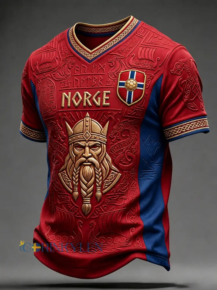 Mäns Viking Inspirerat mönster Skriv ut Norge Fotbollsfläkt V-hals T-shirt - röd / S