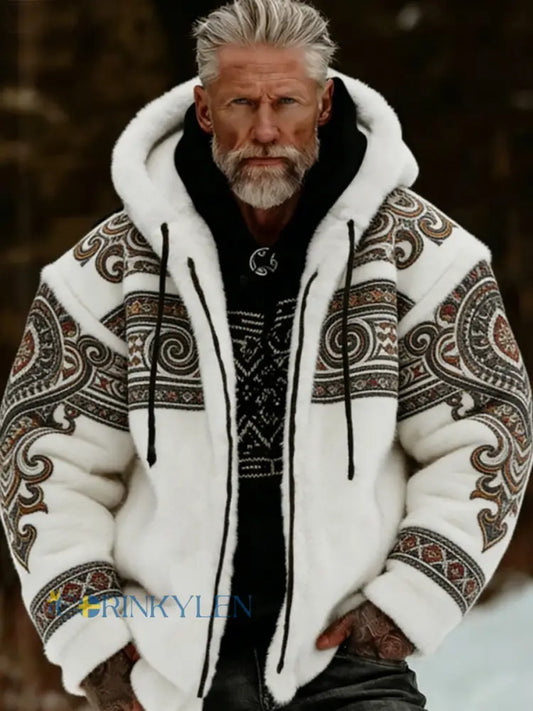Mäns viking keltisk konst plush Mysig varm dragkedja jacka - vit / S