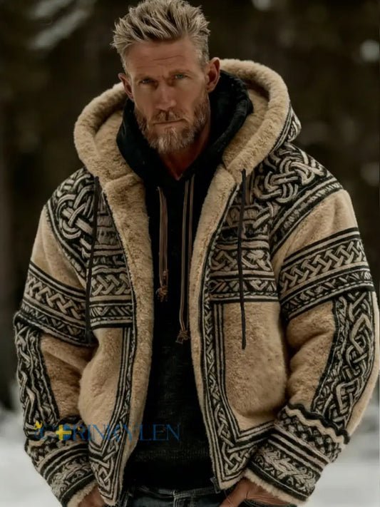 Mäns viking keltiska konst plush mysig varm dragkedja Flannel jacka - Khaki / S