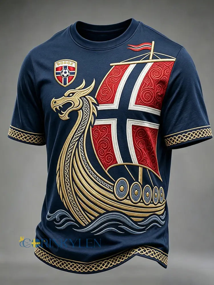 Mäns Viking långskepp Print Norge Fotboll Inspirerade korta ärmar T-shirt - djupblåa / S
