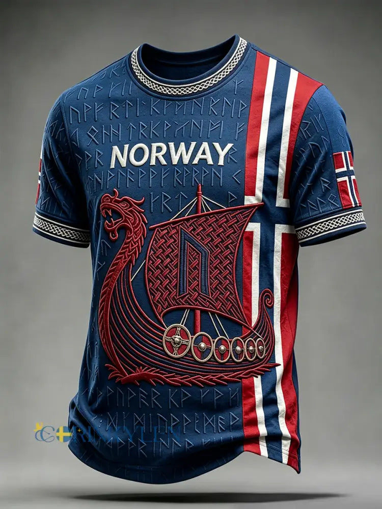 Mäns Viking Longship & Runes Konst Norge Flag Skriv ut korta ärmar T-shirt - djupblåa / S