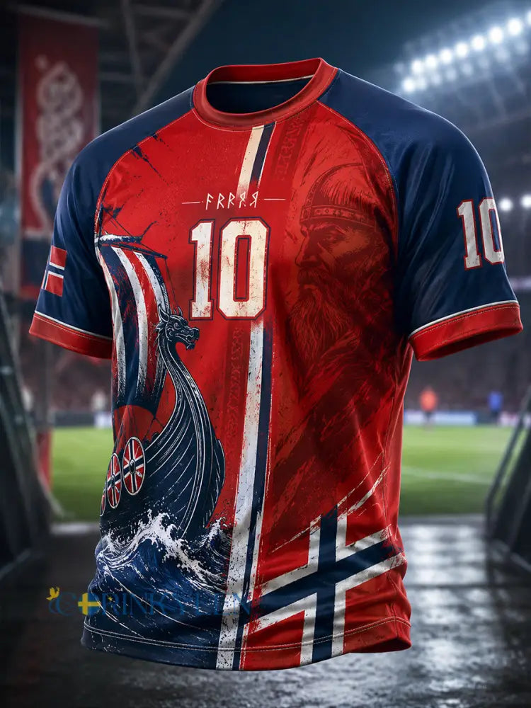 Mäns viking och fotbolls-tema Print Raglan Short-Shirt - A / S