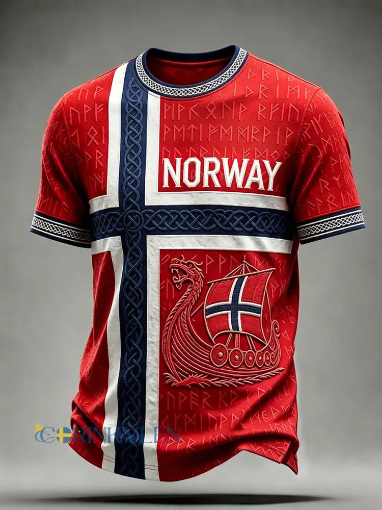 Mäns Viking Runes & Longskepp Konst Celtic Norge Flag Skriv ut korta ärmar T-shirt - röd / S