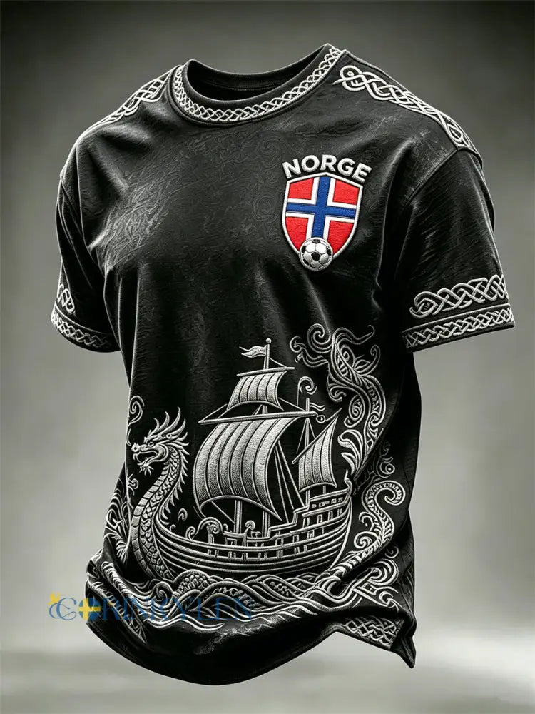 Mäns Viking skepp över vågor Norge fotboll Celtic Print korta ärmar t-shirt - svart / S