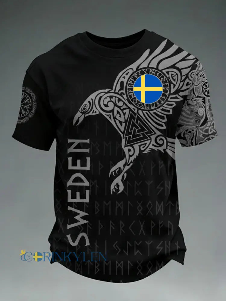 Mäns Viking Sverige Tryckt T-shirt - svart / S