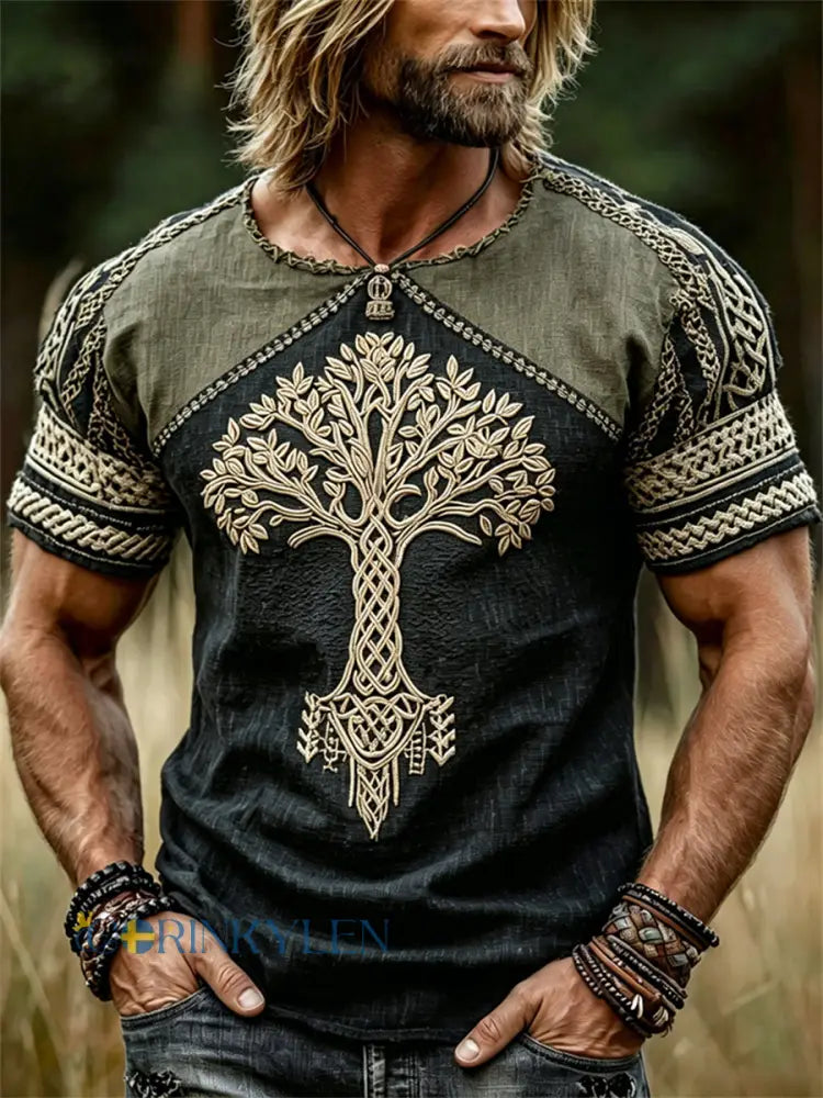 Mäns Viking träd av liv Celtic Knop Färgblock Skriv ut korta ärmar t-shirt - grönt / S