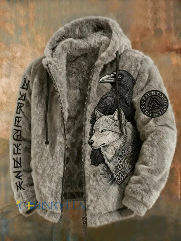 Mäns Viking Tribal Jacquard Celtic med kråkor och vargar inspirerade Plush varm dragkedja jacka - grå / S