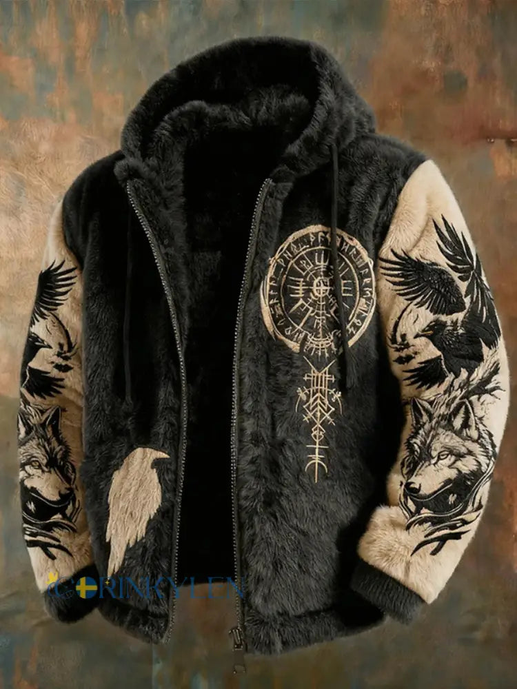 Mäns Viking Tribal Jacquard Crow inspirerad Plush varm dragkedjacka - Khaki / S