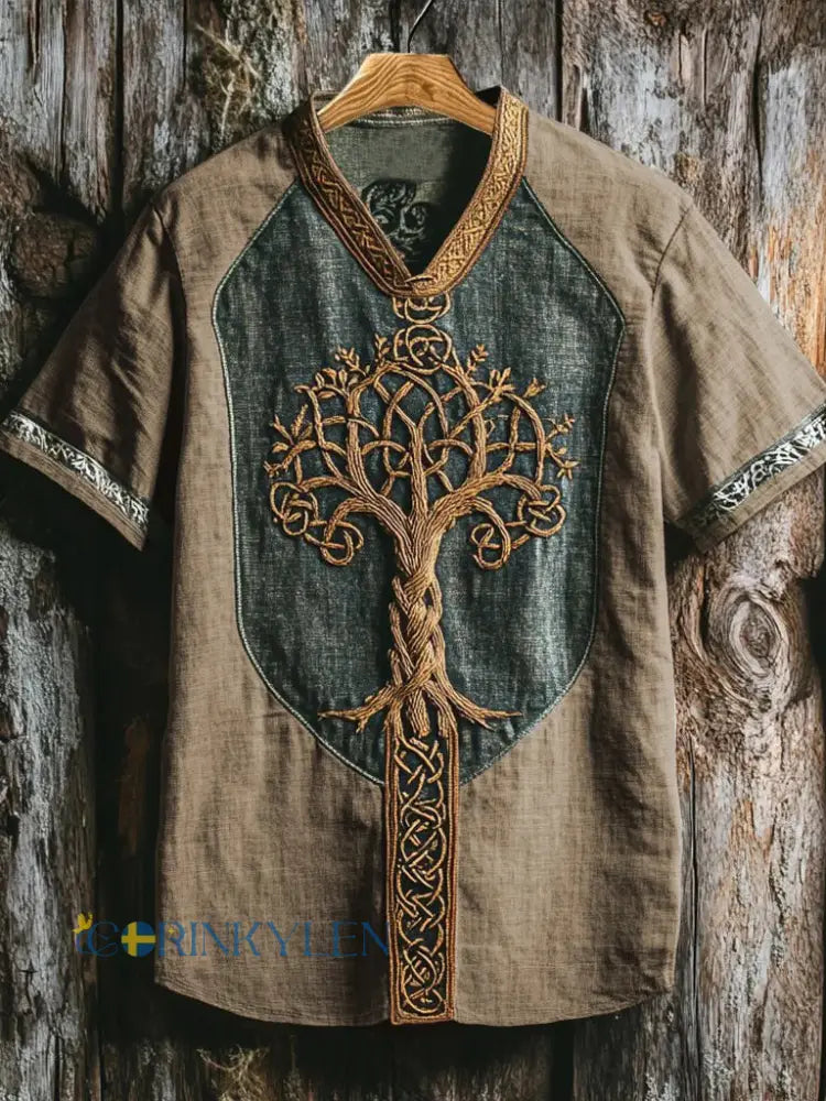 Mäns viking tryckt V-hals skjjorta - Khaki / S