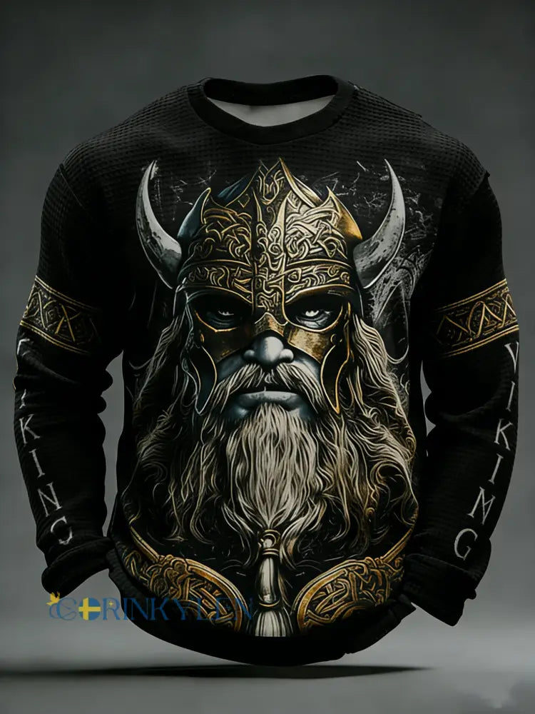 Mäns viking tryckt våffle lång ärm tröjar - svart / S
