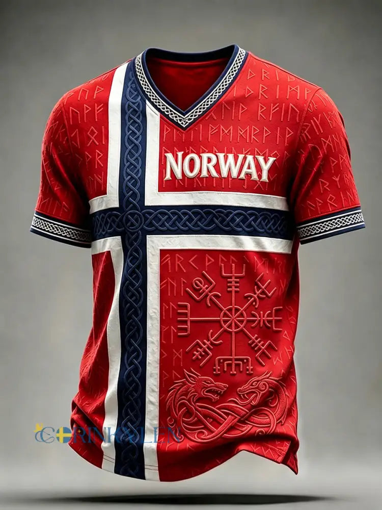 Mäns Viking Vegvisir Runes Celtic Norge Flag Print V-hals T-shirt - röd / S