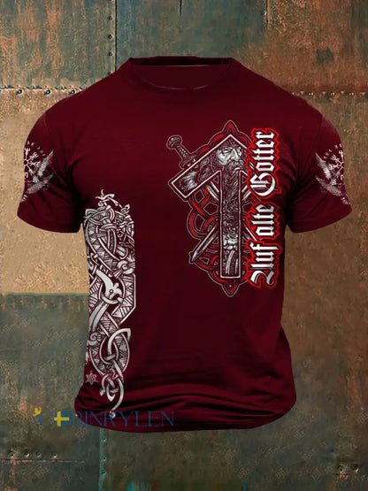 Mäns vikingtryckt kort ärm T-shirt - röd / S