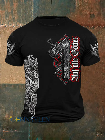 Mäns vikingtryckt kort ärm T-shirt - svart / S
