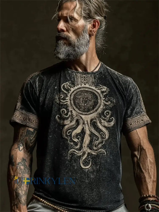 Mäns Vintage Azathoth Cthulu Style Skriv ut korta ärmar t-shirta - svart / S