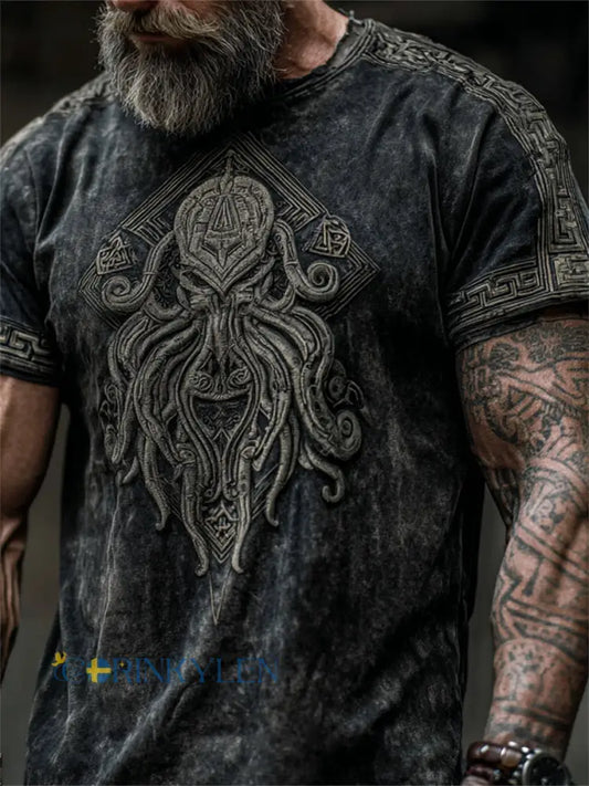 Mäns Vintage Cthulu Great Old One Art Skriv ut korta ärmar t-shirta - mörk grå / S