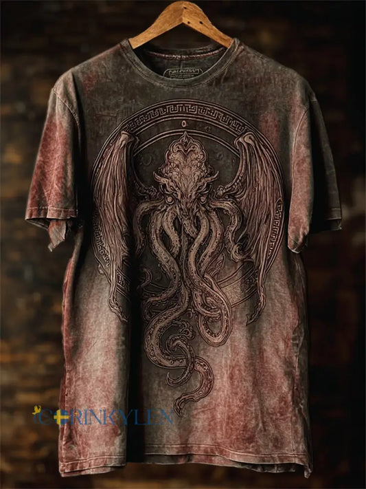 Mäns Vintage Cthulu Great Old One Bloody Print korta ärmar t-shirt - röd / S