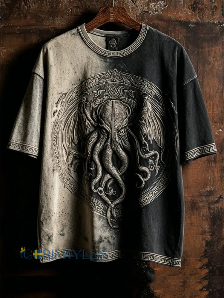 Mäns Vintage Cthulu Great Old One Print Kontrast Bleka korta ärmar t-shirt - kränk-vitt / S