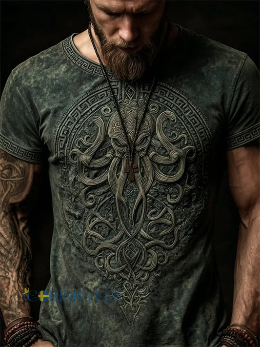 Mäns Vintage Cthulu Great Old One Print korta ärmar t-shirt - mörk gröna / S