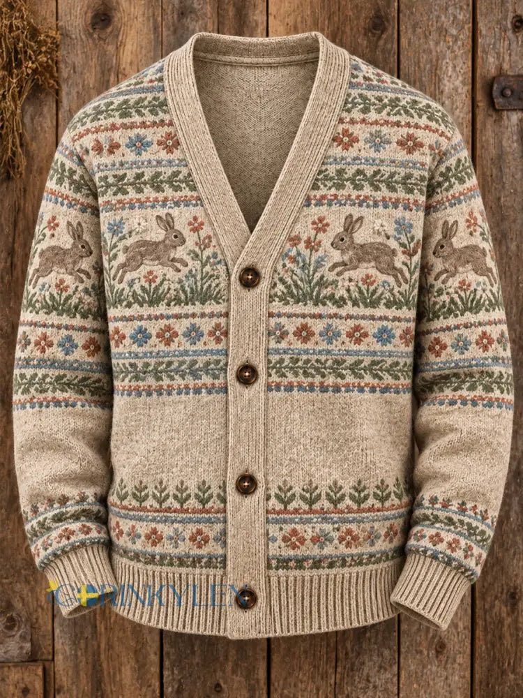 Mäns Vintage Fair Isle Kanin Skriv ut Casual Cardigan Tröjar - som bild / S