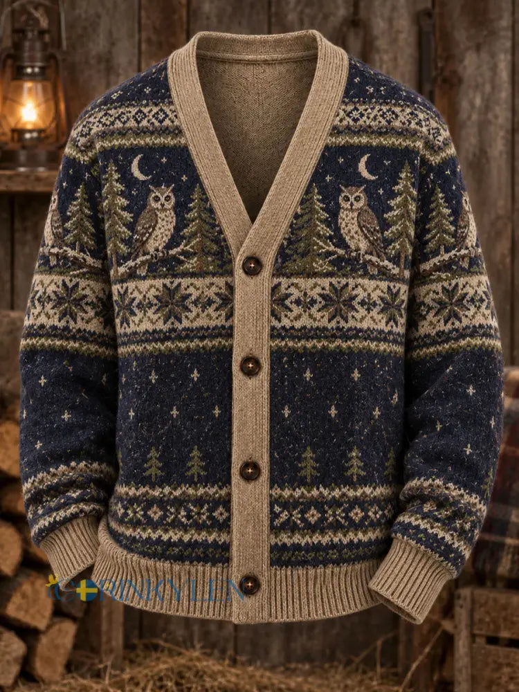 Mäns Vintage Fair Isle Uggla Skriv ut Casual Cardigan Tröjar - som bild / S